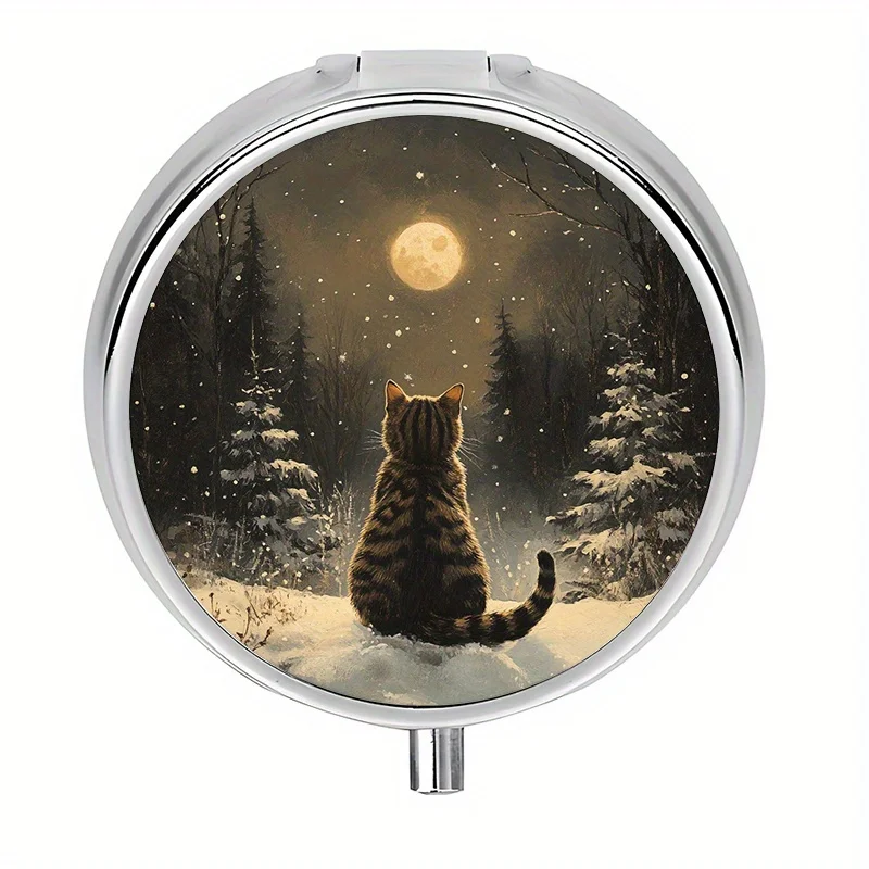 Integrated Pill Box, Three-Compartment Design, Winter Paradise Cat Pattern, Mini Pill Box, Pill Storage Box, Unique Travel Gift