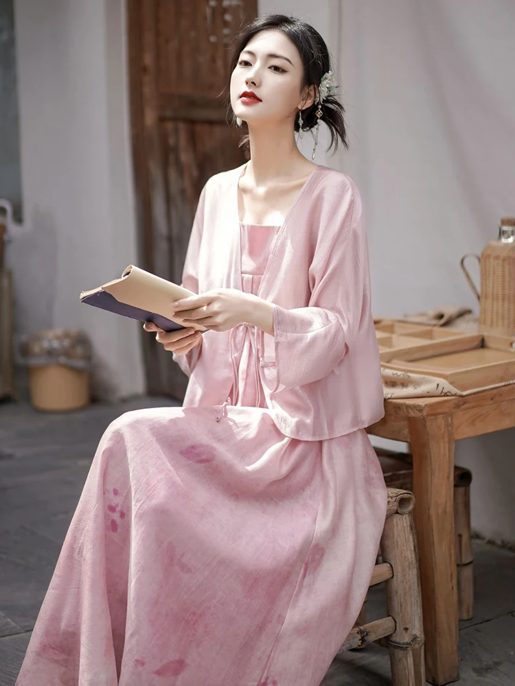 

Han Chinese Clothing Cheongsam DressWomen's Pink Loose Cardigan Suit Fashionable ChineseStyle Cotton and Linen Suit SpringSummer