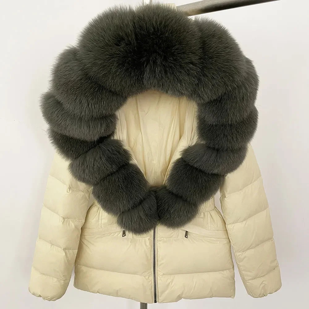 Moda nova 2025 inverno puffer jaqueta feminina pele de raposa real com capuz grosso quente 90% pato branco para baixo casaco feminino parkas à prova dwaterproof água