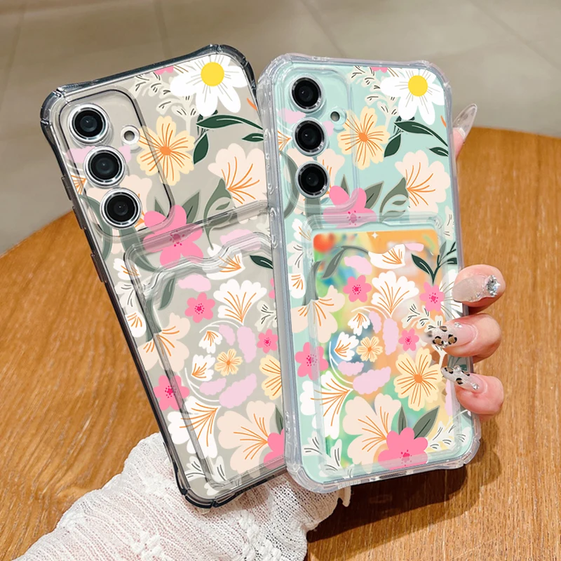 Romantische Blume Klare Karte Tasche Brieftasche Fall Für Samsung Galaxy S24 S23 FE S22 Ultra A16 A55 A54 A52 A35 A25 a15 5G Weiche TPU Abdeckung