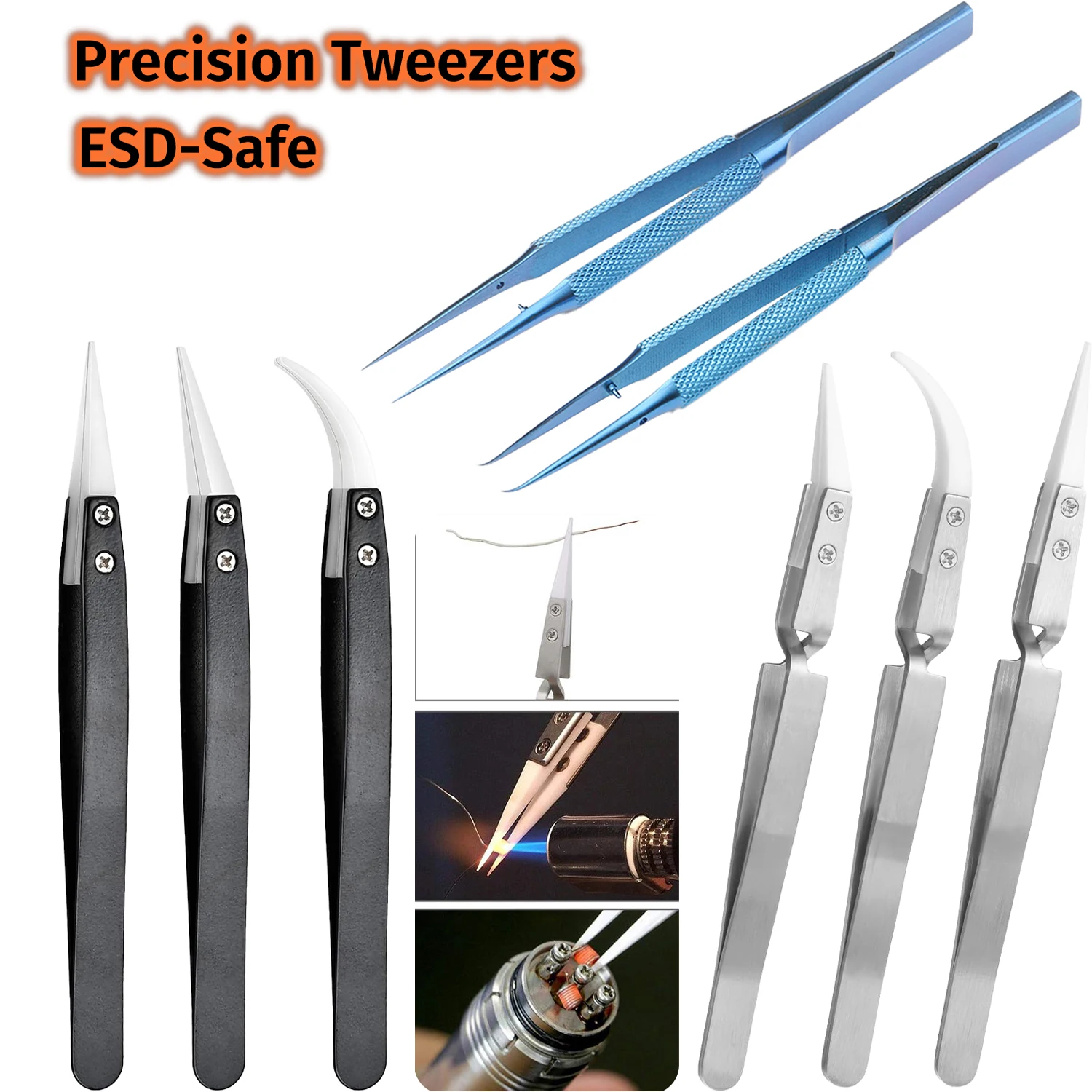 Precision Ceramic Tweezers Titanium Tweezer Straight Curved ESD Safe High Temperature Resistance