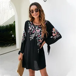 Eaeovni Boho Embroidered Dress for Women Tradition Mexican Peasant Dresses Bohemian Skirts Plus Size Hippie Casual Tunic