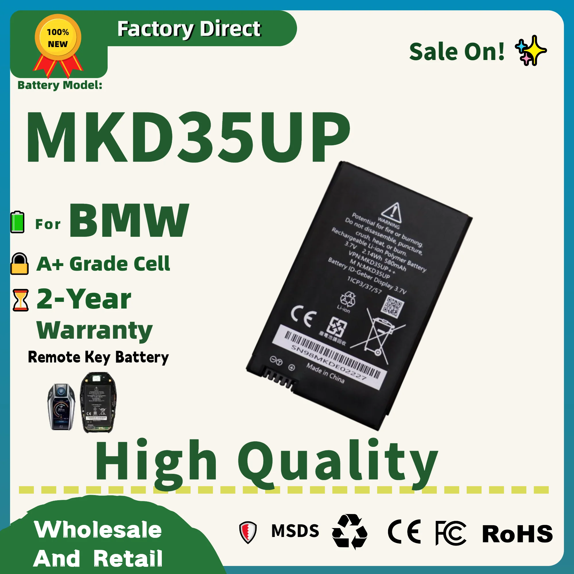 

Factory Direct! MKD35UP Remote LCD Key Battery For BMW X3 X4 X5 X6 X7 530Le 730 740 745 760LI 9442976-01 1ICP3/37/57 D-80788