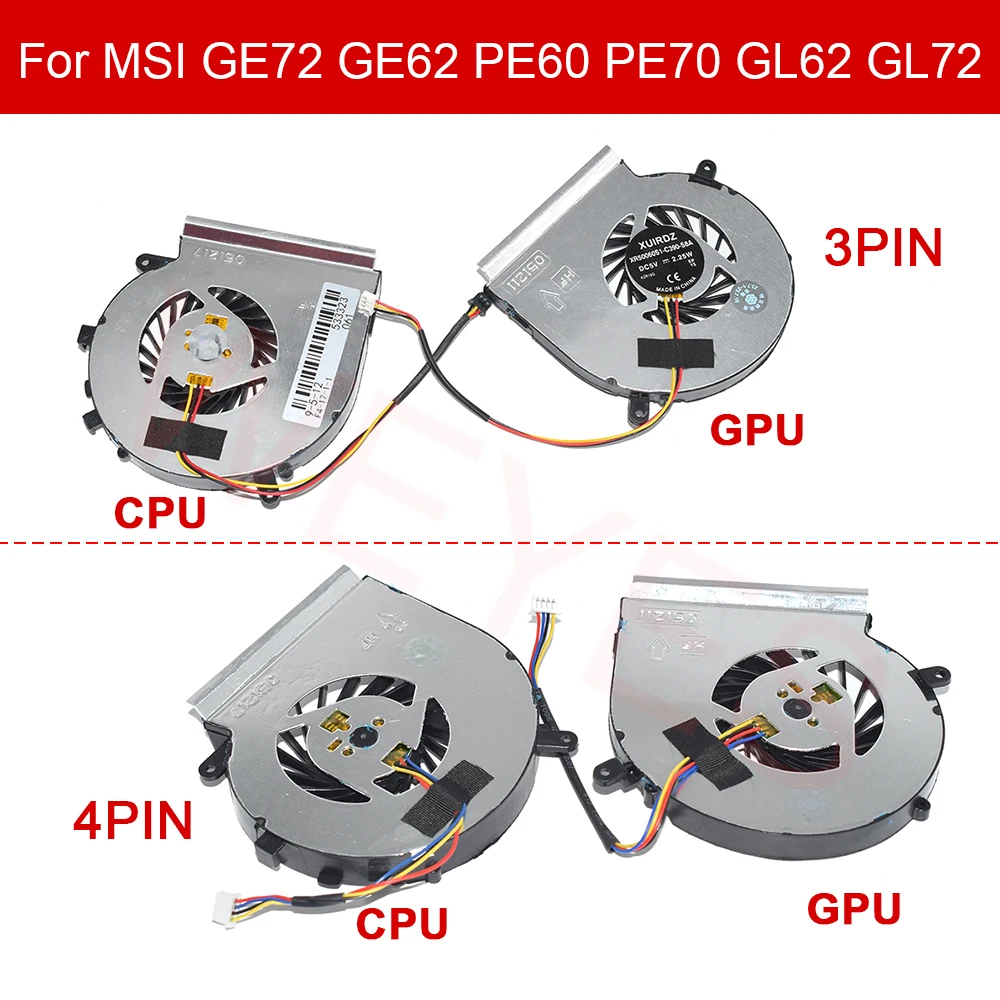 

CPU Cooler Fan DC5V For MSI GE72 GE62 MS-1795 PE60 PE70 GL62 GL72 PAAD06015SL 3Pin/4Pin New Graphics Fan