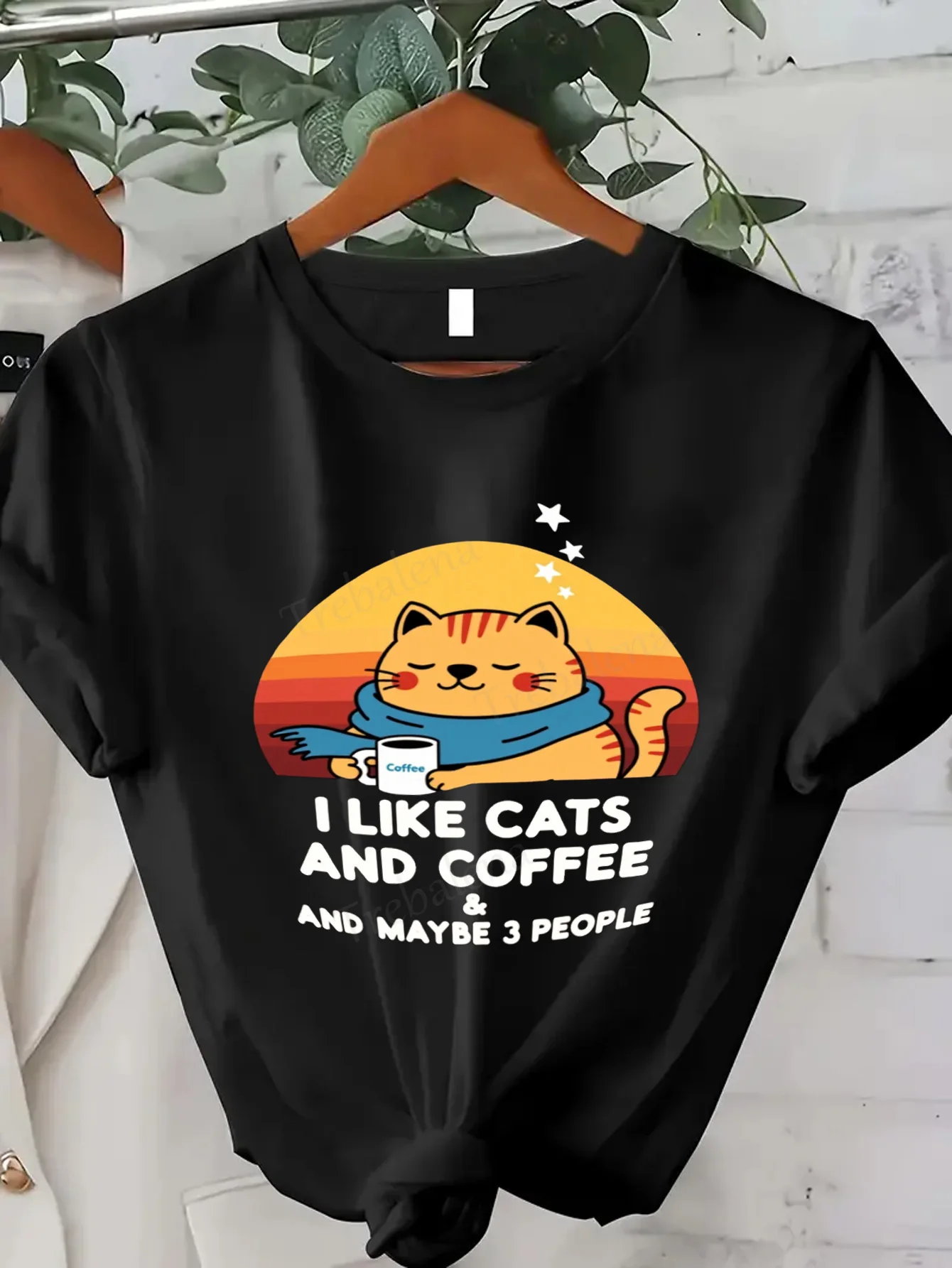 

Women T-shirt Cute Cat & Coffee T-Shirt for Women, Funny Graphic Tee, Casual Summer Top