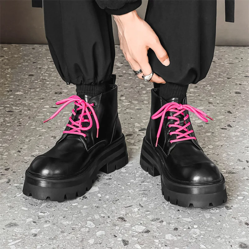 men casual stage nightclub platform boots lace-up natural leather shoes cowboy spring autumn boot black trendy cool ankle botas - view 2