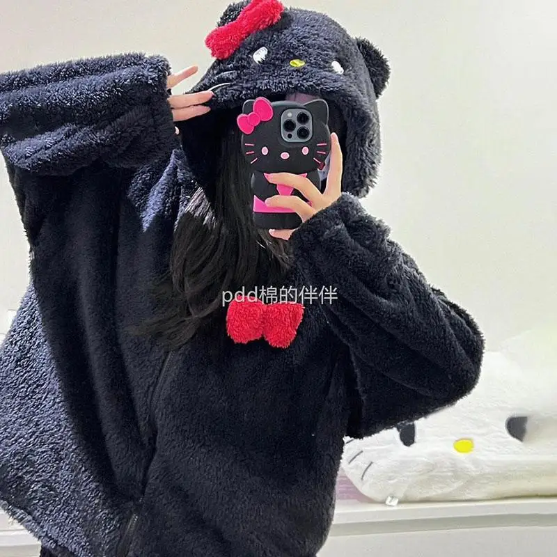 Sweet Cute Hello Kittys Pajamas Winter Coral Fleece Hooded Nightgown Thickened Warm Homewear Korean Women's Clothes Zipper Coat