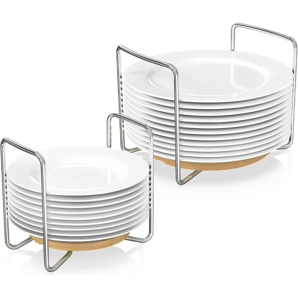 

Dish Rack or Kitchen Counter - Bamboo Plate Organizer or Cabinet Space Saver, 2Pcs Adjust 8.5" to 12.5" StainlSteel Plate and Bo