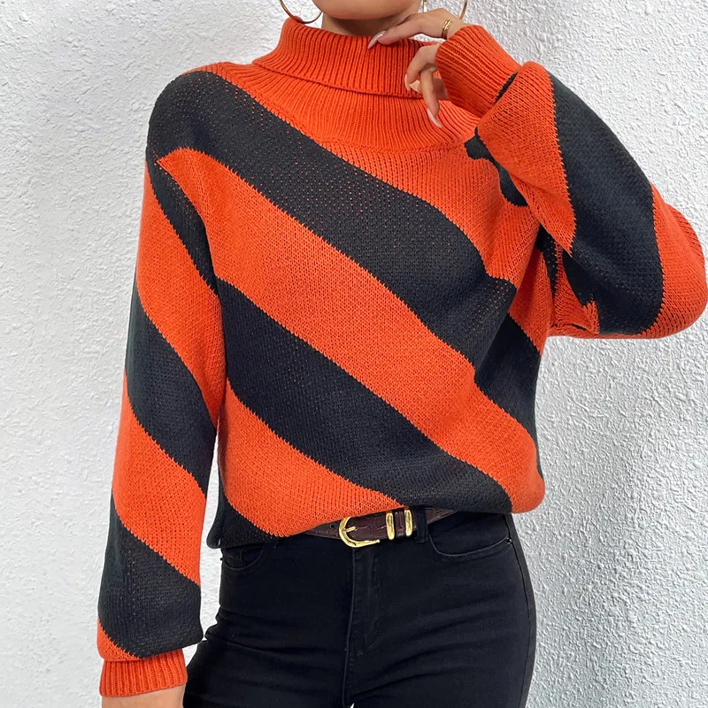 

Women Turtleneck Sweater Autumn Winter Warm Knitted Pullovers Female Long Sleeve Basic Jumpers Tops Ladies Stripes Knitwear