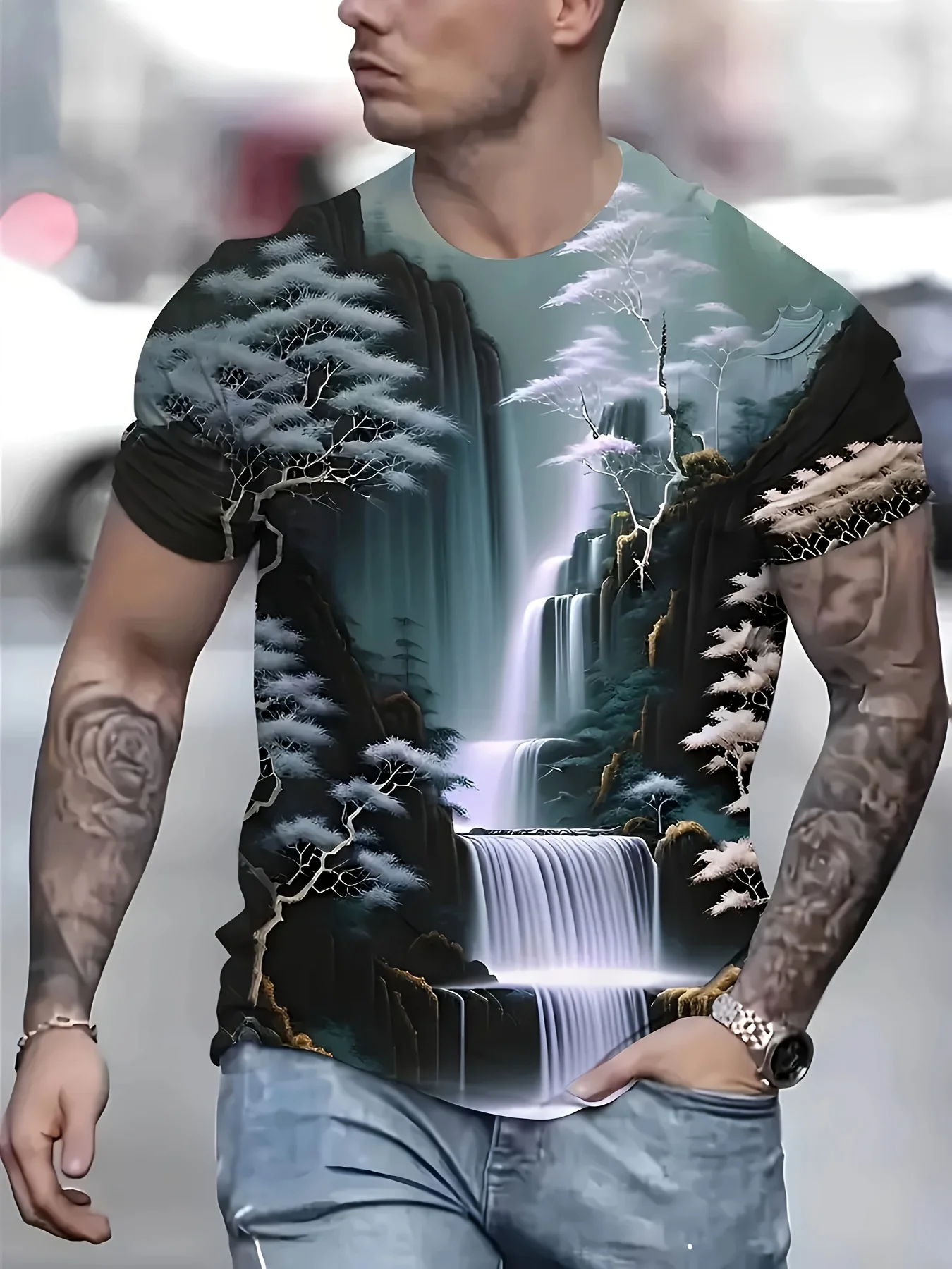

Men's Vibrant Pink & Green Floral Digital Print T-Shirt - Casual Summer Short Sleeve Crewneck, 2025