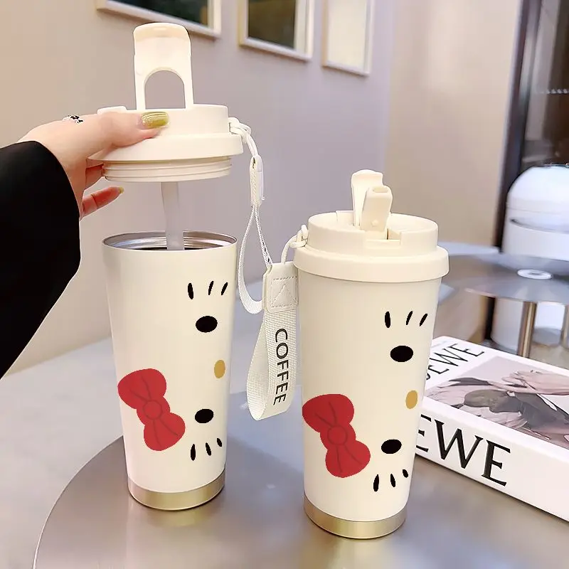 Sanrios Sus316 520Ml Student Double Drink Straw Thermal Cup Kawaii Hello Kitty Cartoon Sports Office Vehicle Mounted Coffee Cup