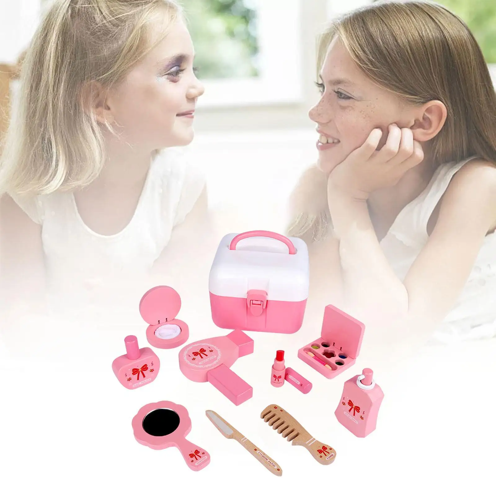 Kinderen spelen make-up set, houten kinderijdelheid set creatieve make-up doos voor meisjes, kinderen kaptafel speelgoed,