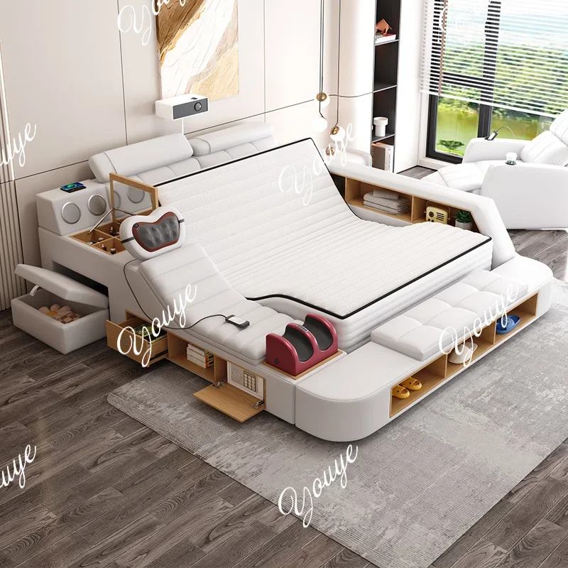 N63 Multifunktionales Tatami-Massagebett, Modernes Einfaches Lederdoppelbett mit Intelligenter Elektrischer Hebefunktion und Stauraum