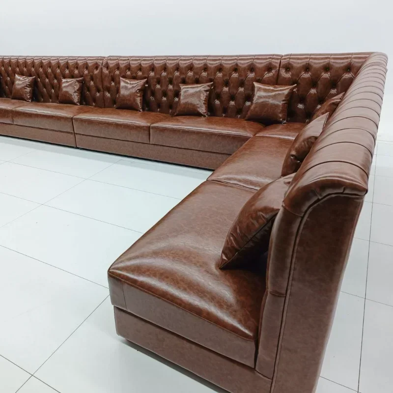 Sofá de couro de luxo leve americano, sala de estar, couro de primeira camada, sofá europeu de madeira maciça