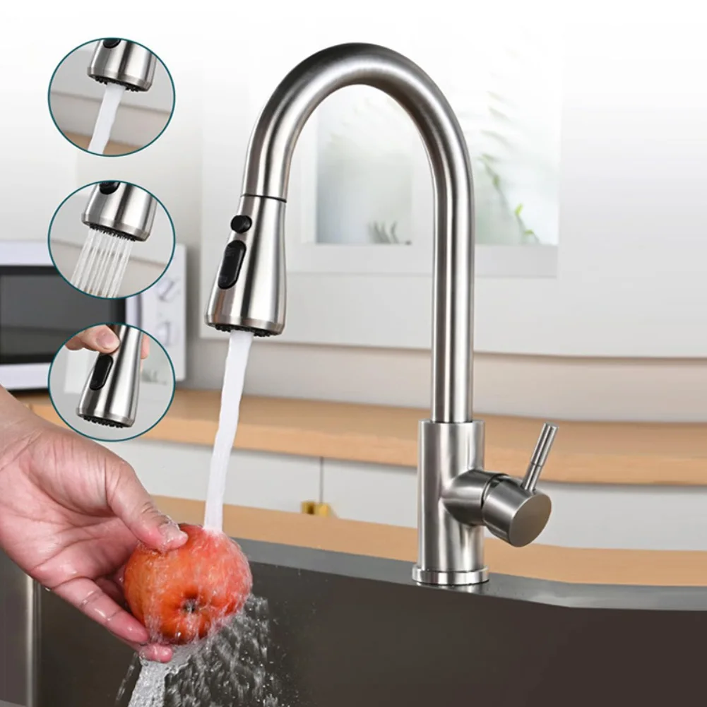 

Высокопроизводительный кухонный смеситель из нержавеющей стали с выдвижным изливом, функцией горячей и холодной воды, поворотом на 360 градусов и телескопическим выдвижением