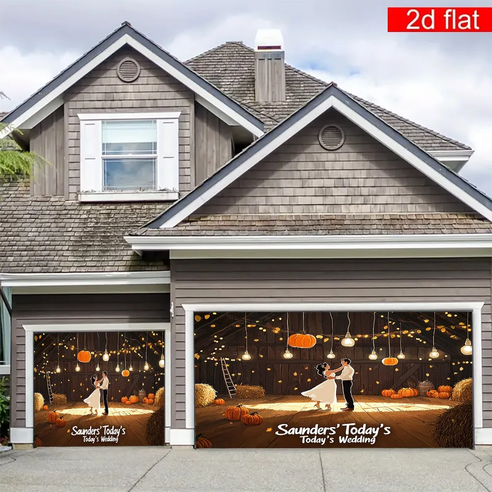 خطة ثنائية الأبعاد، علم باب جراج كبير واحد - موضوع كرة الحظيرة للخريف مع نص "زفاف اليوم"
