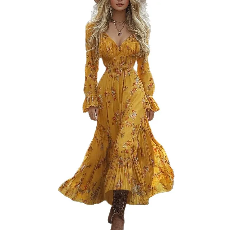 Bohemian Printed Women's Dresses French Shirt Fashion A-line Spring/Summer V-neck Casual Clothing Long-sleeved Women Dress