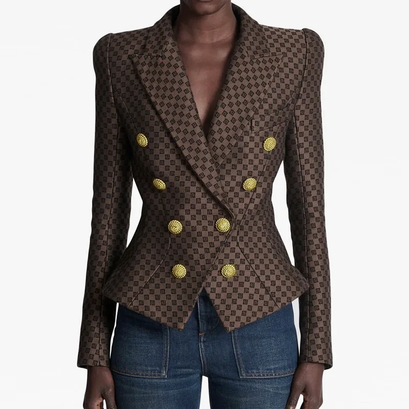 Women Blazer Gold Button Turn-Down Collar Jacket Heavy Jacquard Letter Embroidery