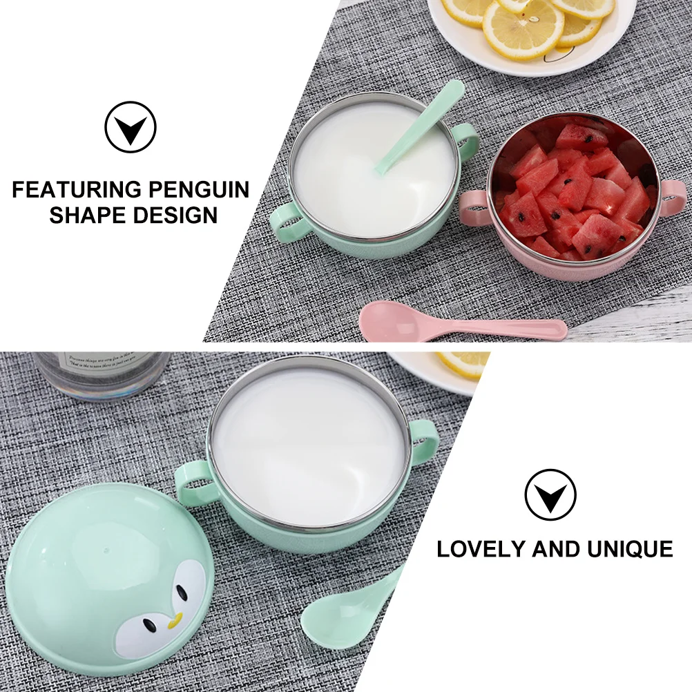 

2 set Penguin Shape Bowls Stainless Steel Food Container For Tableware Portable Food Double Handle Bowl Cartoon