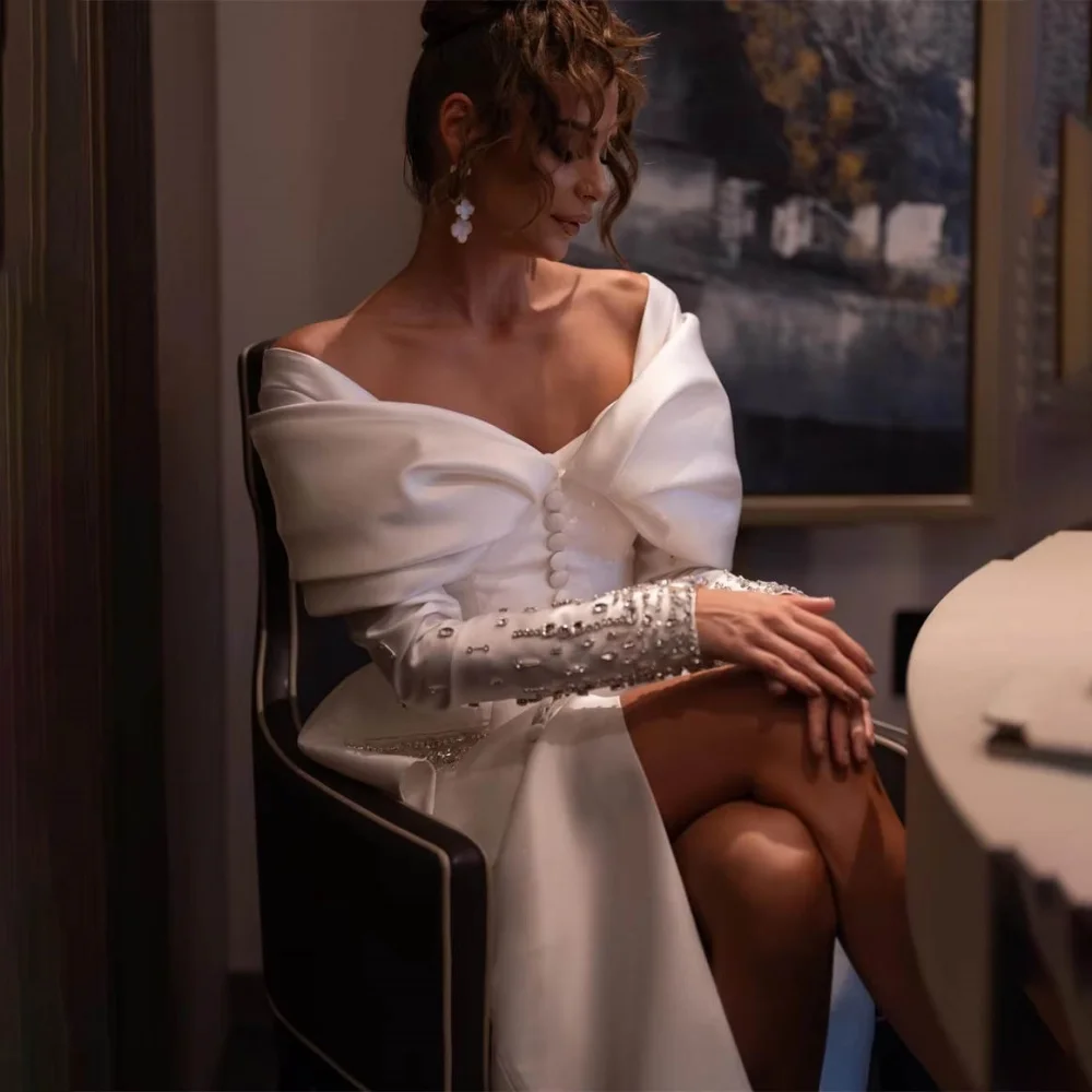 Customized Exquisite Side Split Women Prom Dress Sexy Long Sleeve Charming Mermaid Floor Length Party Dress Beading Evening Gown