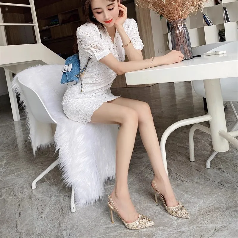 Spring and summer pointed shallow mesh crystal wedding shoes thin high-heeled banquet dress large size small size women\'s sandal