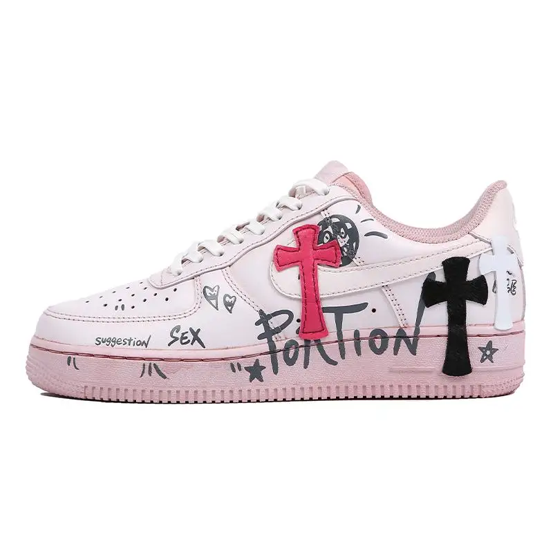 

[Custom Men's pink cross]Nike Air Force 1 Skateboard Shoes Men Low-Top White Pink