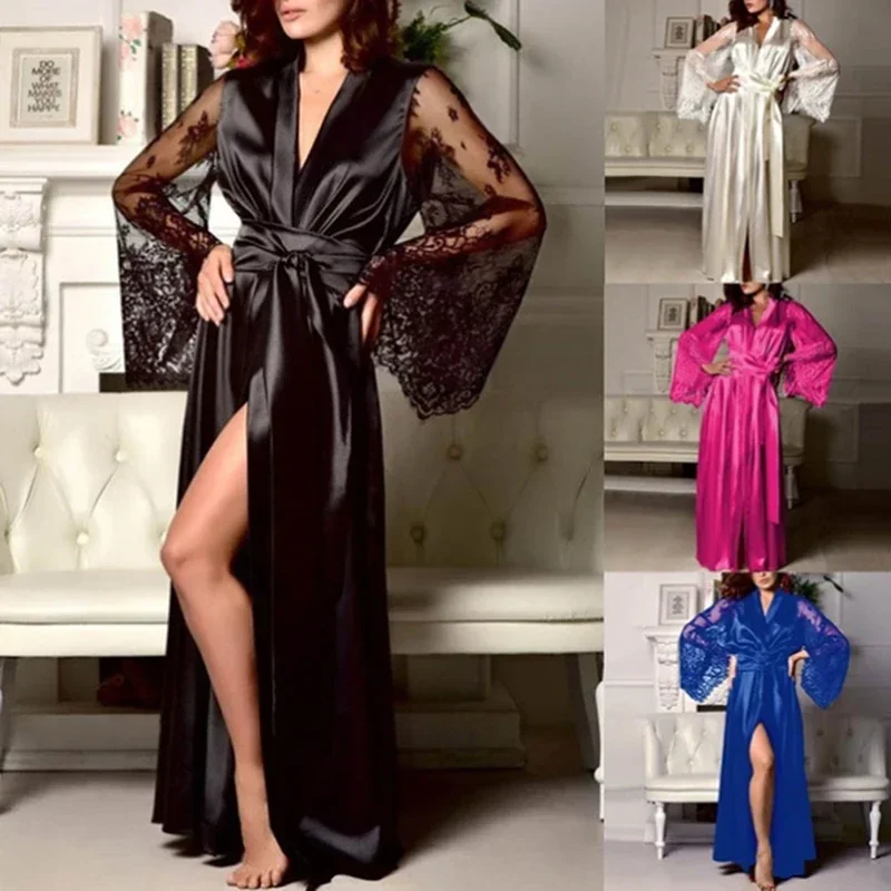 

NEW Womens Nightdress Sexy Long Lace Lingerie Nightwear Bath Robe Gown Imitation Ice Silk Nightdress Solid Color Nightgown