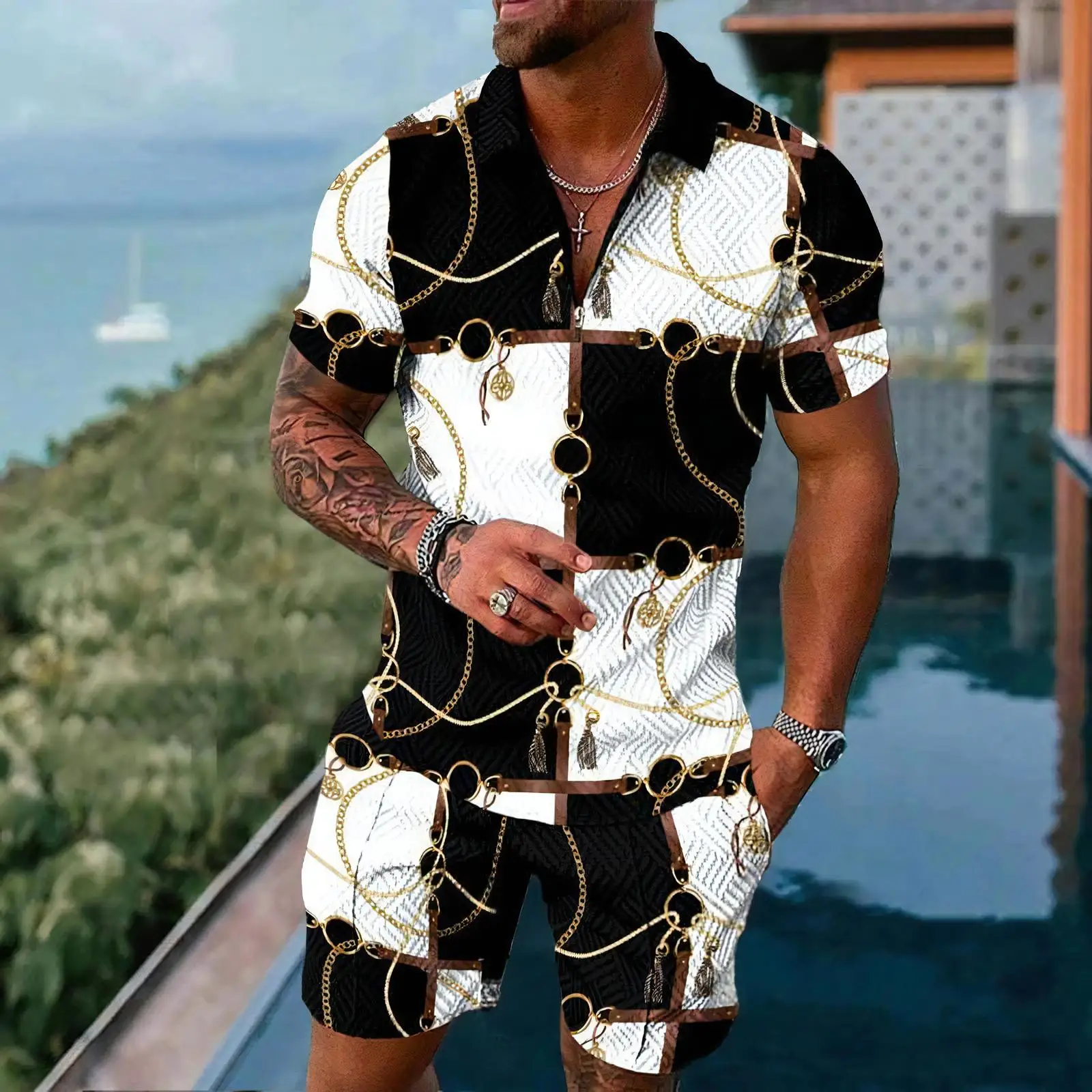 

Fashion Men Short Sleeve Sets Summer Urban Street Style Zipper Polo Tops Shorts Two Piece Outfit Luxury Men's Social Shirts Suit