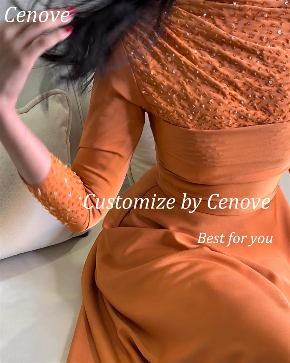 Cenove Long Sleeves A-Line Evening Gown Formal Princess O-Neck Beaded Prom Orange New Party Dresses for Women 2023