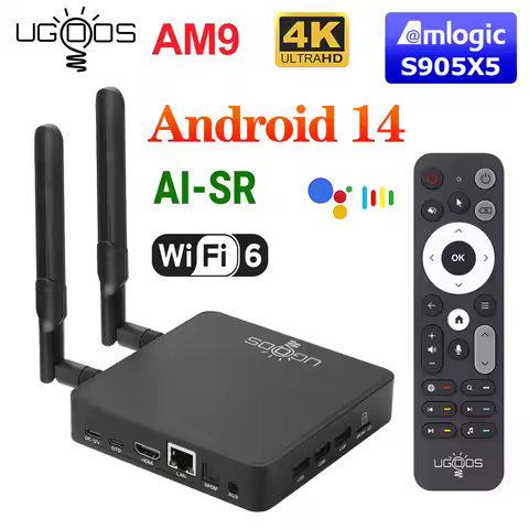 UGOOS AM9 Amlogic S905X5 TV BOX Android 14 LPDDR4 4G64G Supoprt AI-SR, 4K HDR , WiFi6 BT5.2 1000M with BT Voice Remote
