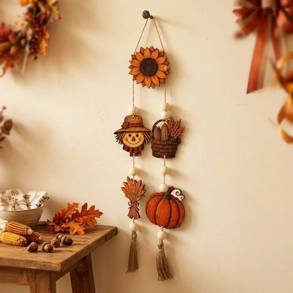 Pumpkin Fall Harvest Wooden Wall Hanging Corn Basket Rustic Style Scarecrow Sunflower Ornament Handcrafted 2D Flat Print