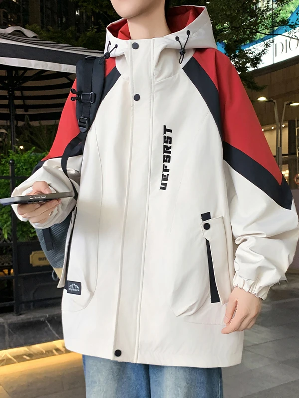 

Casual Men's Workwear Jaet Coat Autumn Winter Spring Zipper Splicing Loose Fit Hooded Top for Teenagers Students