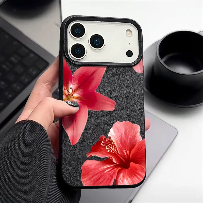 Red Flowers Pattern Phone Case For iPhone Air 17 16 15 14 13 12 Pro Max 12 Pro 11 16e Shockproof Leather Texture TPU Soft Cover