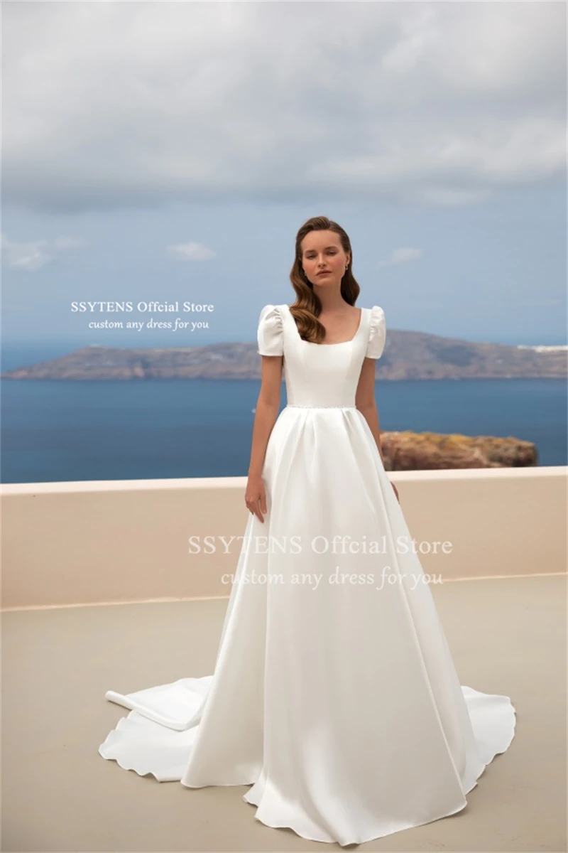 SSYTENS a-ligne Satin robes De mariée col carré manches courtes bouffantes Robe De mariée robes De mariée Robe De Mairee ﻿ Personnalisé ﻿