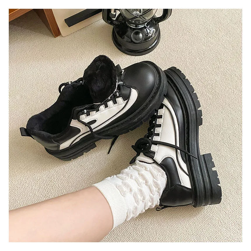 

Thick Soled Lace-up Women Shoes Casual Splicing Design Plush Warm Women Casual Shoes Square Heels Cotton Shoes 24-104