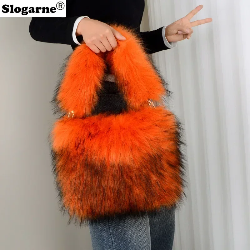 Colorful Raccoon Fur Bags Women New Faux Fur Handbag Girls Cute Tote Bags 2025 Winter Warm Soft Fluffy Top Handle Shoulder Bags