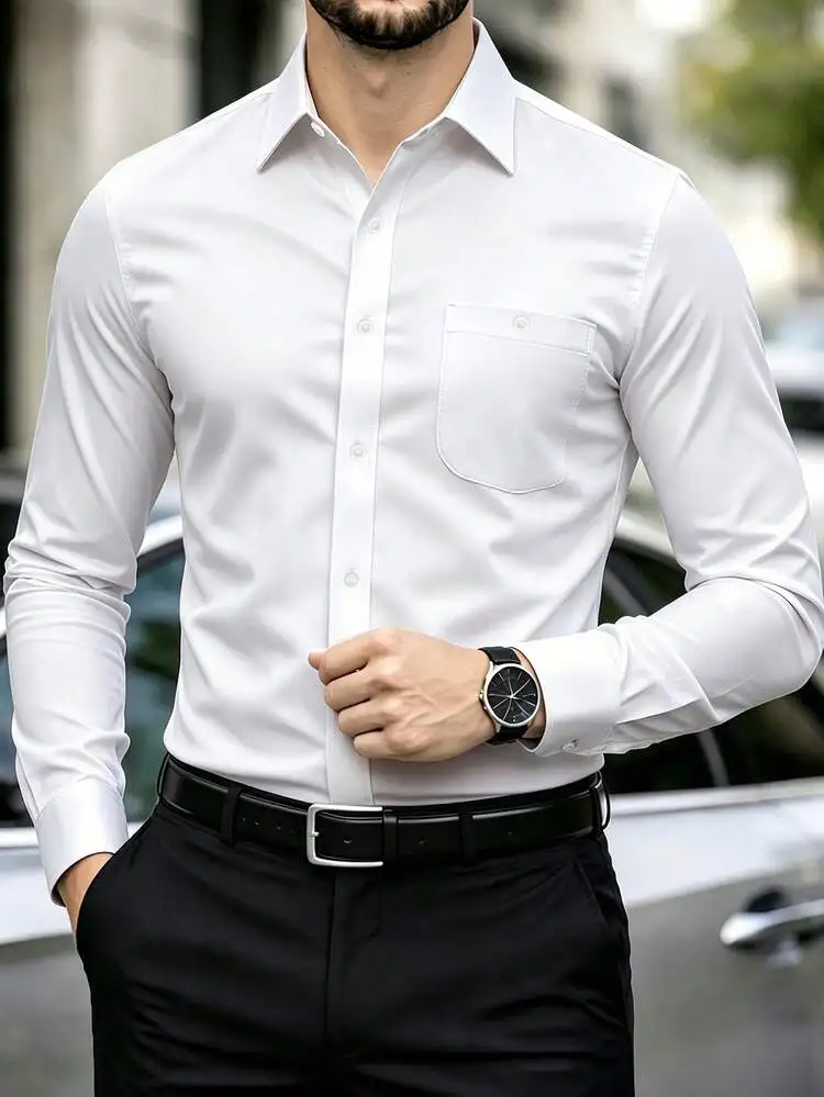 Mens Solid White Long Sleeve Dress Shirt Slim Fit Button Down Formal Business Casual