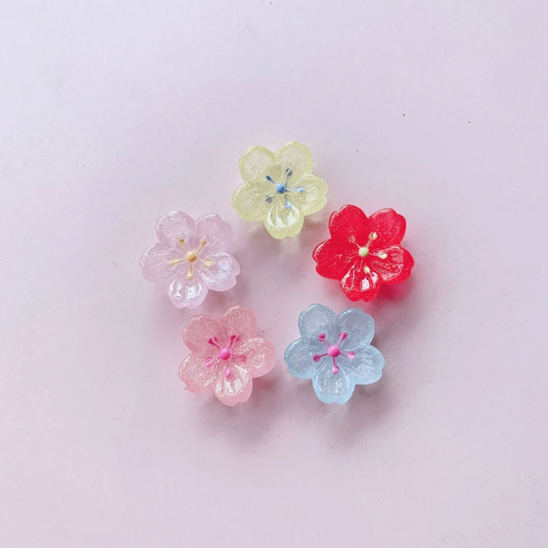 10Pcs Glitter Cherry Blossom Flowers Resin Jewelry Accessories Hairpin Hair Ring Jewelry Material DIY Appliques Phone Deco Part