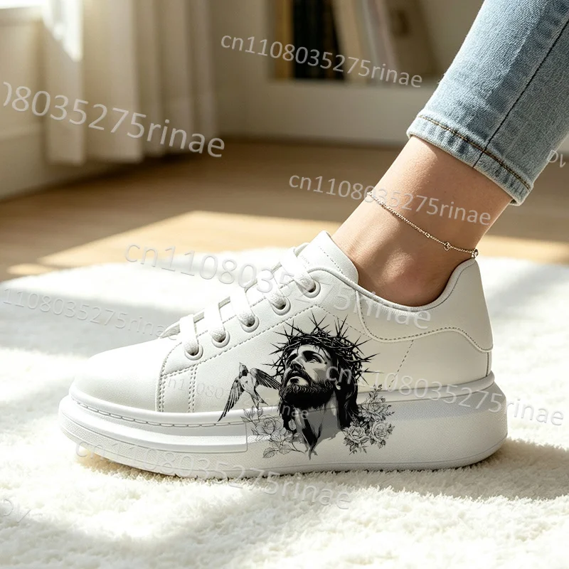 Picture 4: Personalized Unisex Thick Platform Board Shoes Jesus Cross Lamb Dove Rose Floral Graphic PU Leather Lace Up Flat Shoes