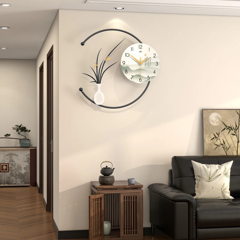 New Chinese Style Flower Wall Clock with  Vase Artistic Creative Round Living Room Bedroom Wall Decorations Clock