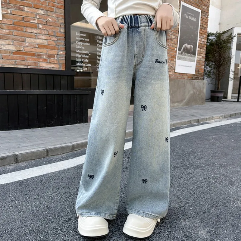 

Girls Loose Wide-leg Jeans Trousers Children Bowknot Embroidery Straight Denim Pants Spring Autumn Casual Clothing 5-12 Years