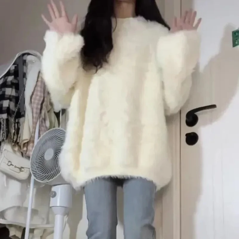 フランスの優しいスタイル模造ミンクフリース白プルオーバーセーター女性のための秋冬ルーズソフトコンフォート暖かいニットトップ