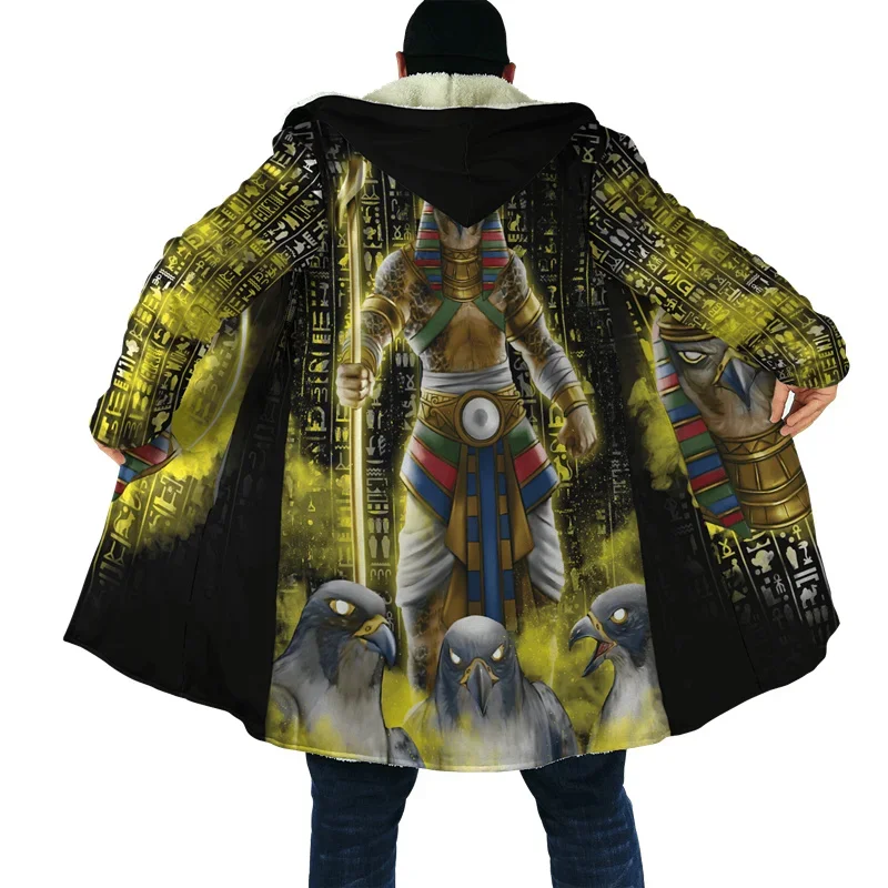 

Men's winter hooded cloak God of Ancient Egypt 3D printing wool windbreaker Unisex casual thickened warm hooded cloak coat