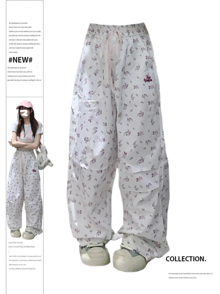 

Women's White Graphic Print Pants Y2k 2000s High Waist Baggy Trousers Harajuku Wide Leg Parachute Pants Jogger Aesthetic Clothes