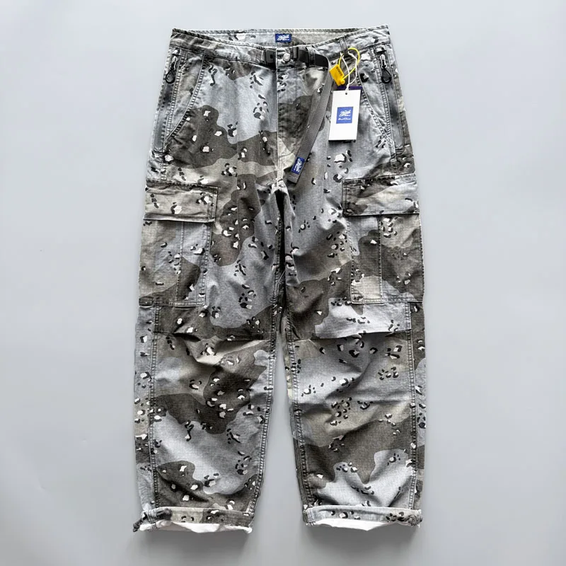 

Весенне-осенние мужские камуфляжные брюки-карго в американском стиле ретро — свободные прямые широкие брюки из 100% хлопка, серые камуфляжные брюки