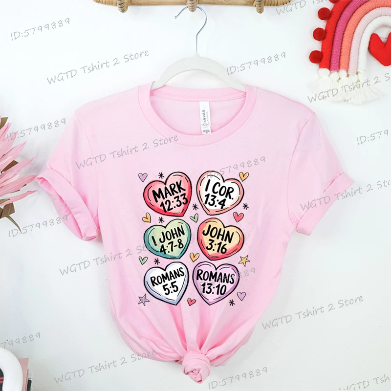 Christian Love Hearts Print T Shirt Women Bible Verse Valentine's Day Tshirt Sweet Style Candy Heart Scripture Religious Tops