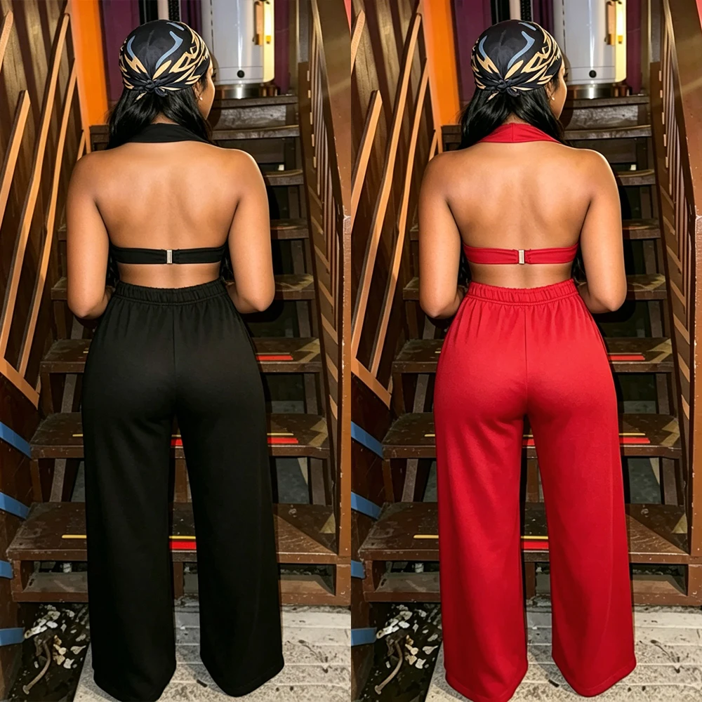 Chic Women Two 2 Piece Outfit Gold Eyelet Hollow Out Deep V Halter Crop Top+Wide Leg Pants Set Night Club Wear Tracksuit