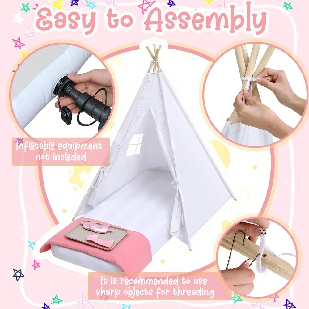 توصيل مجاني - عبوات من خيمة تيبي للأطفال لحفلات النوم مع مرتبة، سلسلة خفيفة، ملاءة هوائية، خيمة نوم للحفلات