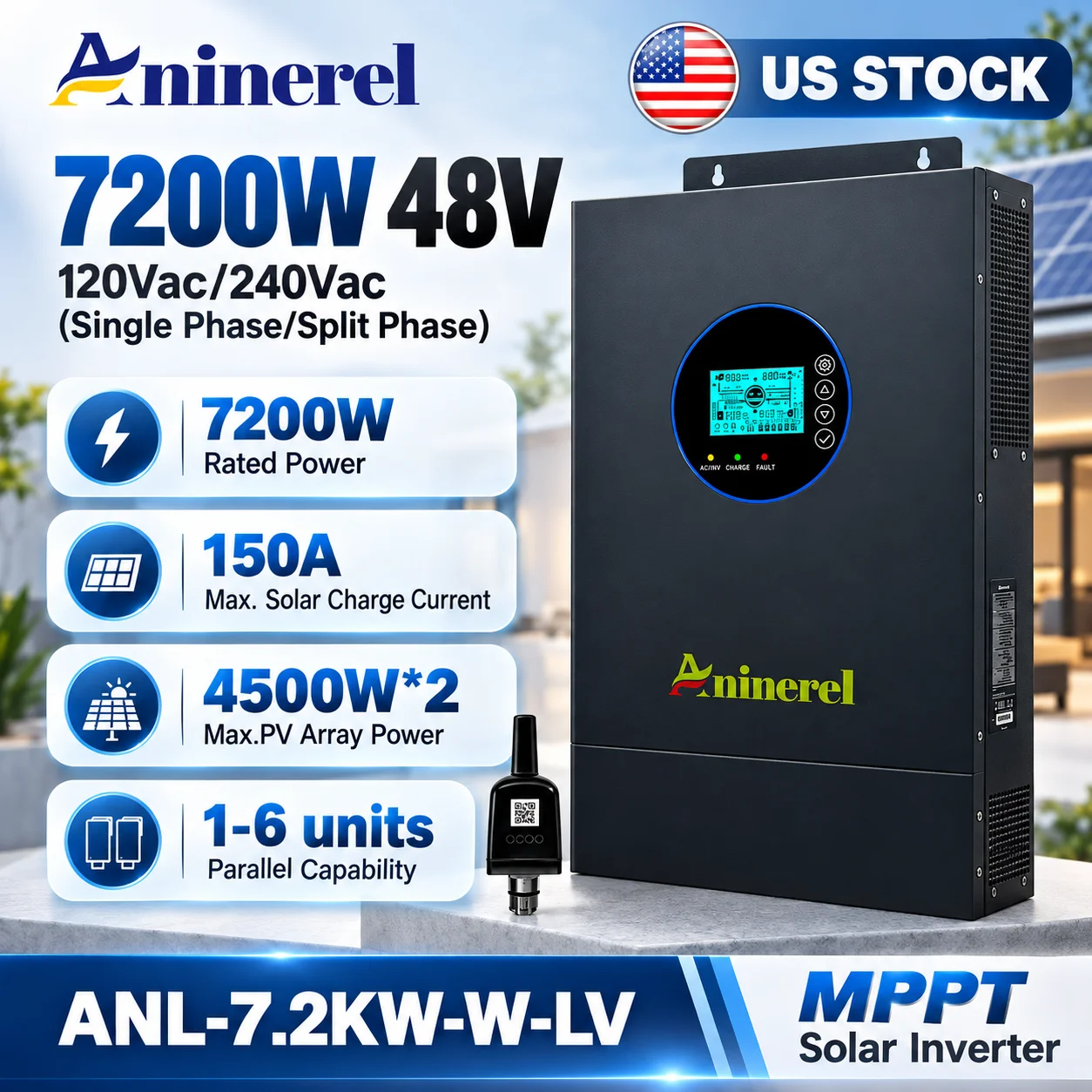 Aninerel 7200W/7.2kW 48V Hybrid Solar Inverter, 120/240V Split Phase, Dual MPPT 9000W PV Input, 150A Charging