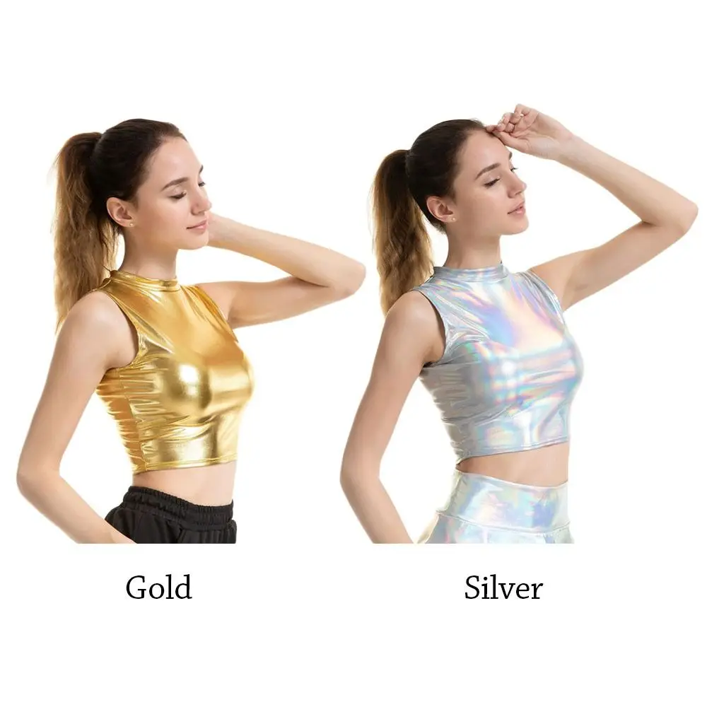 Dazzling Imitation Leather Tank Bralette Tops Lady Short Crop Tops Sleeveless Sexy Women Show Costumes Dance Wear For Nightclub